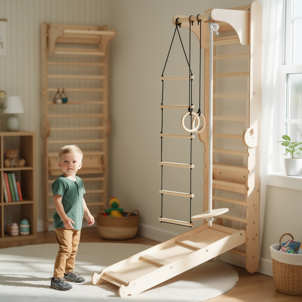 Timber crafted Six in One Montessori Climbing Frame System with Swing