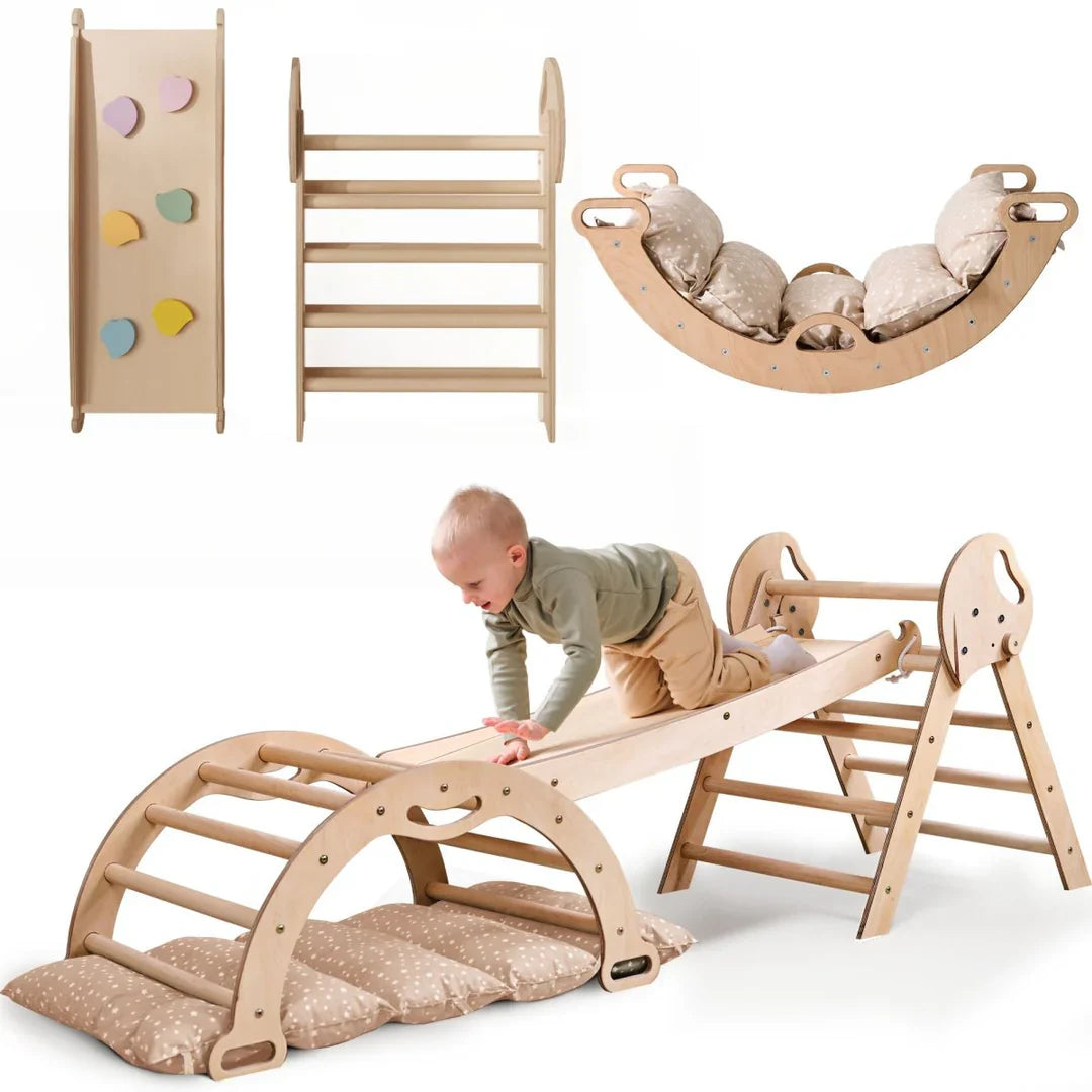 Solid Wood Montessori Climbing Triangle With Arch And Slide Board System