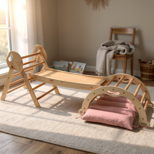 Solid Wood Montessori Climbing Triangle With Arch And Slide Board System