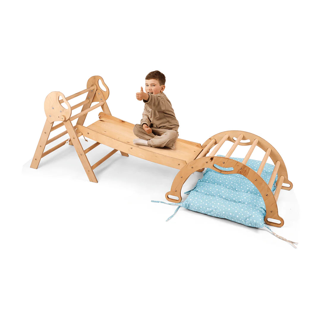 Solid Wood Montessori Climbing Triangle With Arch And Slide Board System