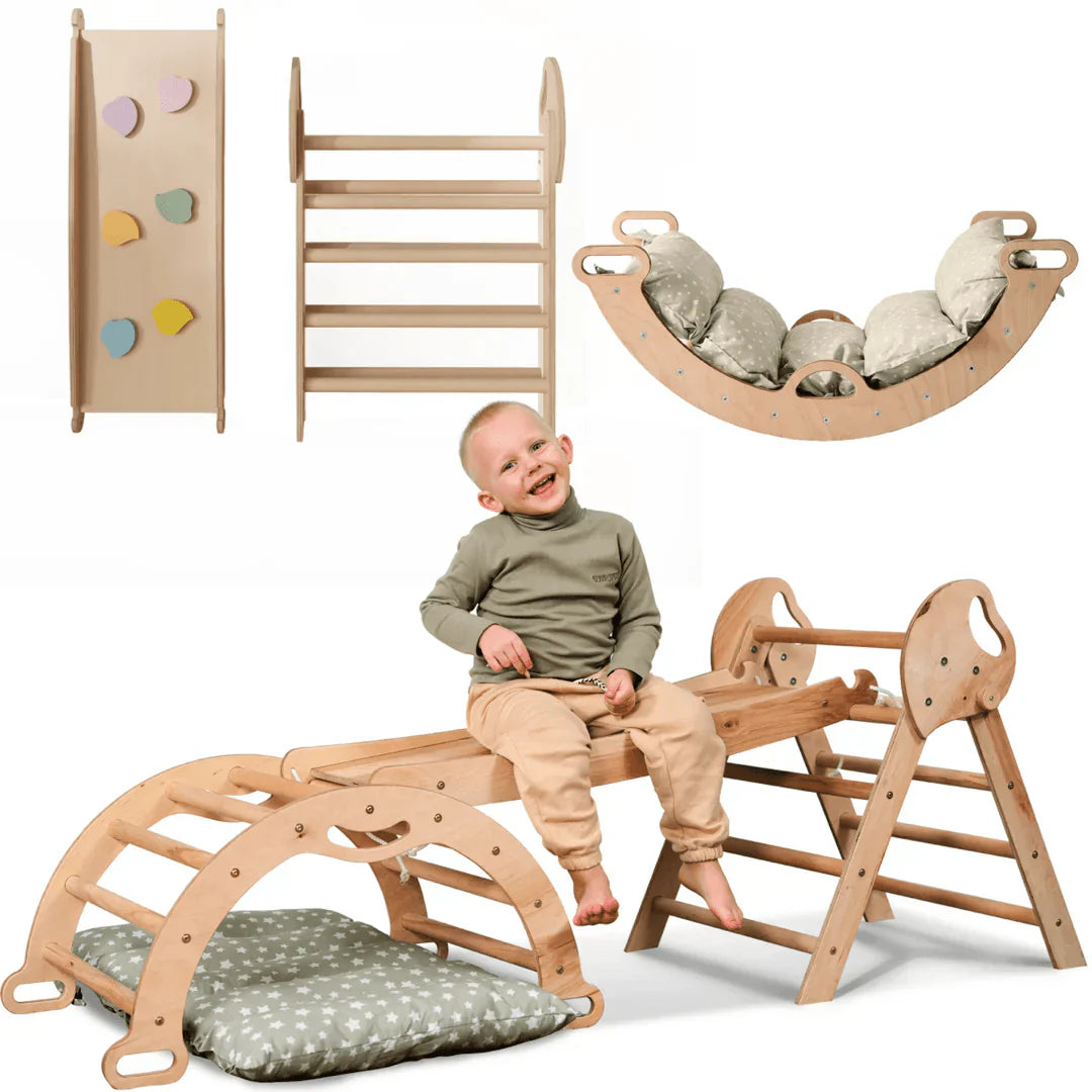 Solid Wood Montessori Climbing Triangle With Arch And Slide Board System
