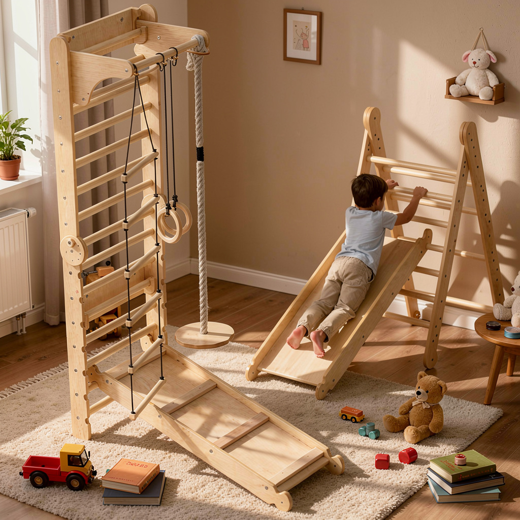 Timber crafted Six in One Montessori Climbing Frame System with Swing