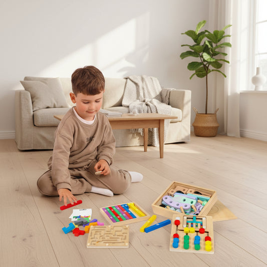 Child playing with educational toys from a WunderBox on a white background